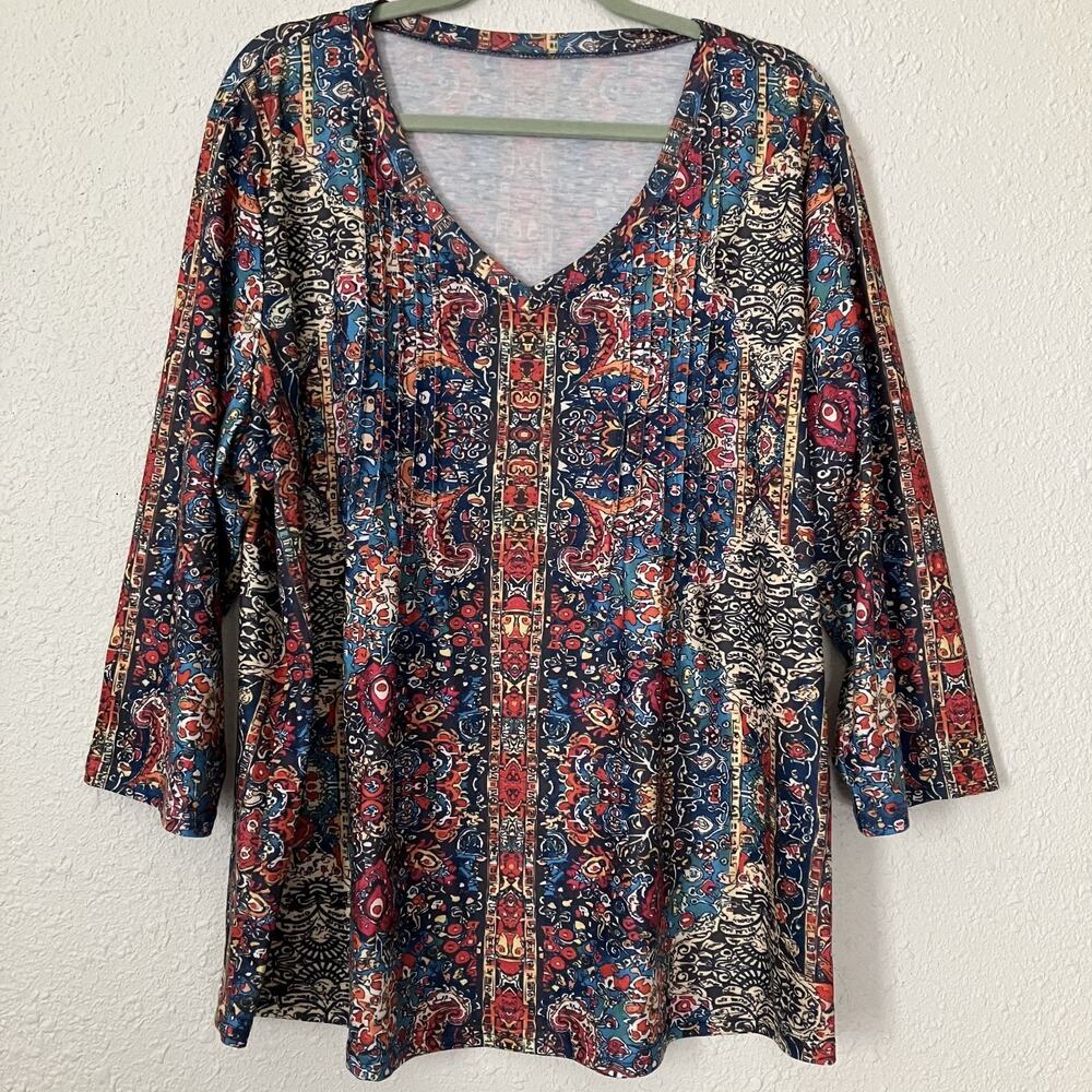 Romanstii Women's 3XL Boho Paisley Print Tunic Top V Neck Pintucks 3/4 Sleeve